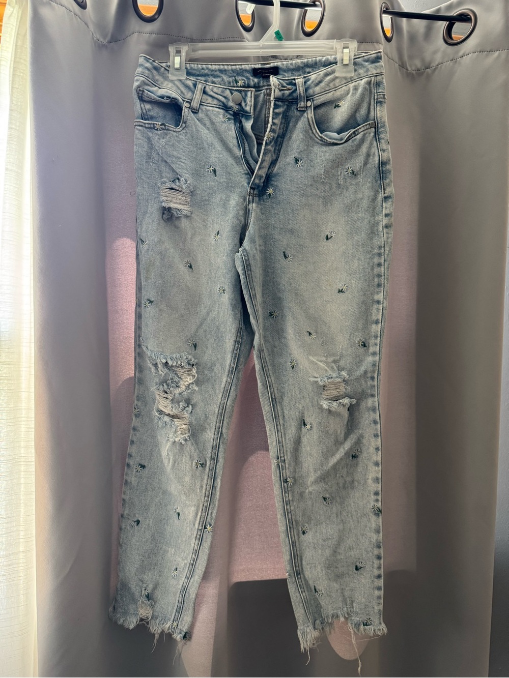 Material Girl Light Blue Distressed Boyfriend Jeans with Embroidered flowers